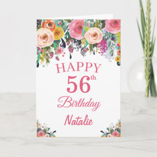 56th Birthday Watercolor Floral Flowers Pink Card