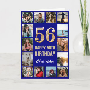56th Happy Birthday Navy Blue & Gold Photo Collage Card