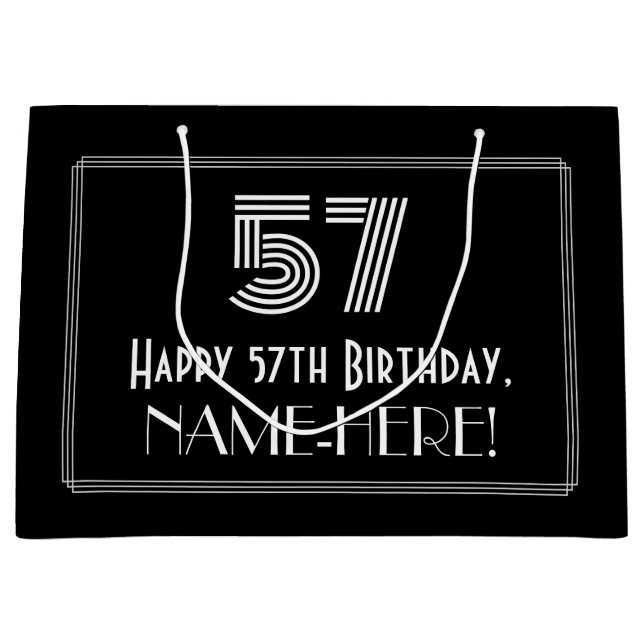 57th Birthday — Art Deco Inspired Look "57" & Name Large Gift Bag (Front)