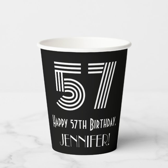 57th Birthday — Art Deco Inspired Look “57” + Name Paper Cups (Back)
