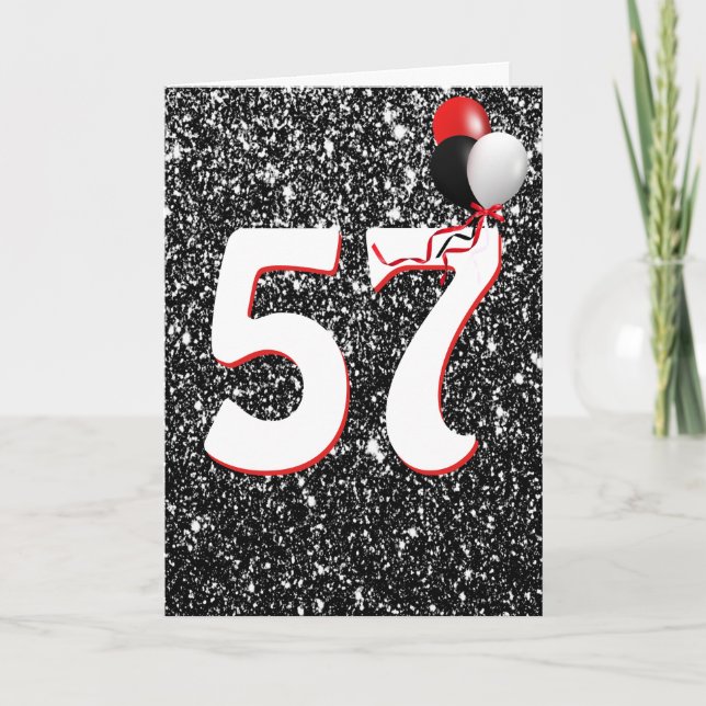 57th Birthday Balloons on Black Glitter  Card (Front)