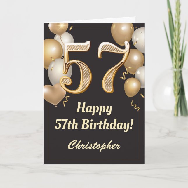 57th Birthday Black and Gold Balloons Confetti Card (Front)