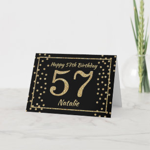 57th Birthday Black and Gold Glitter Confetti Card