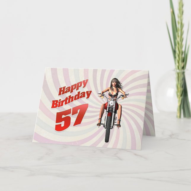 57th Birthday card with a motorbike girl (Front)
