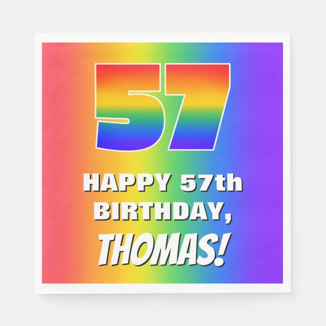57th Birthday: Colourful, Fun Rainbow Pattern # 57 Napkin (Front)