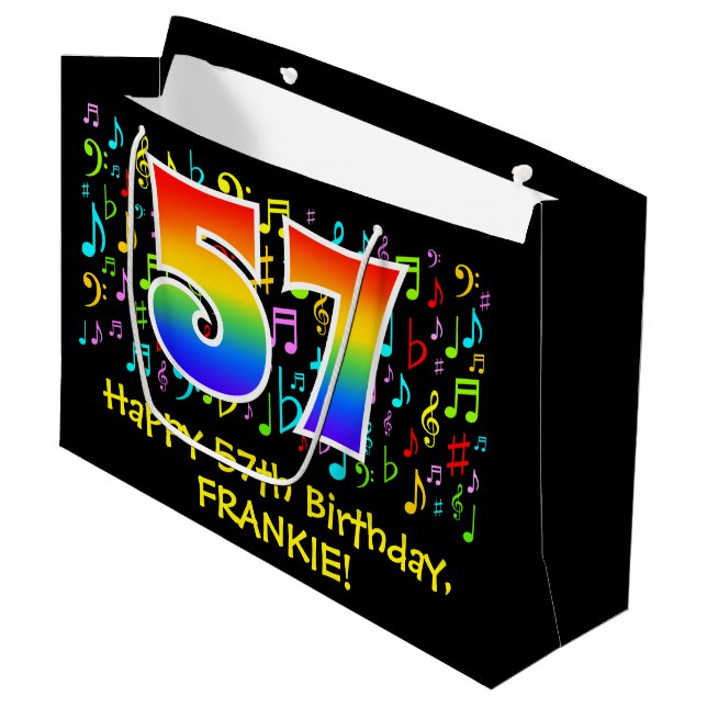 57th Birthday - Colourful Music Symbols, Rainbow 5 Large Gift Bag (Front Angled)
