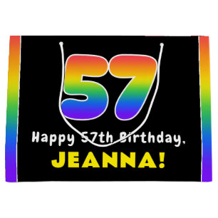 57th Birthday: Colourful Rainbow # 57, Custom Name Large Gift Bag