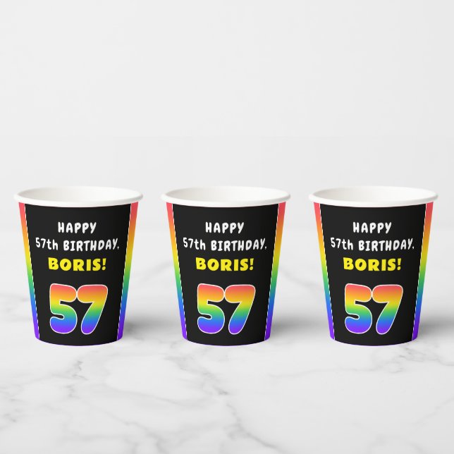 57th Birthday: Colourful Rainbow # 57, Custom Name Paper Cups (Multi)