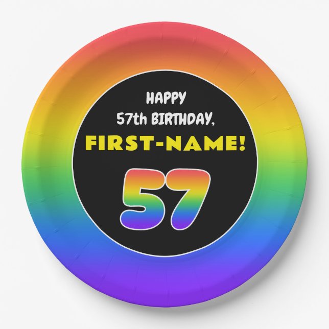 57th Birthday: Colourful Rainbow # 57, Custom Name Paper Plate (Front)