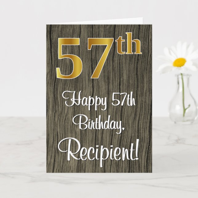 57th Birthday: Elegant Faux Gold Look #, Faux Wood Card (Small Plant)