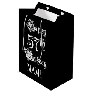 57th Birthday: Fancy, Elegant Script + Custom Name Medium Gift Bag