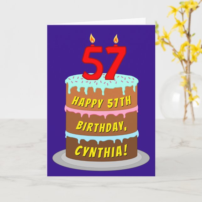 57th Birthday: Fun Cake and Candles + Custom Name Card (Yellow Flower)