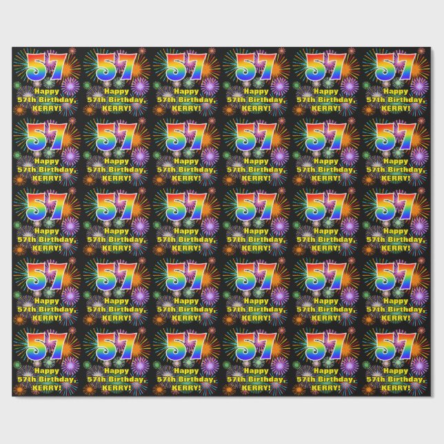 57th Birthday: Fun Fireworks, Rainbow Look # “57” Wrapping Paper (Flat)