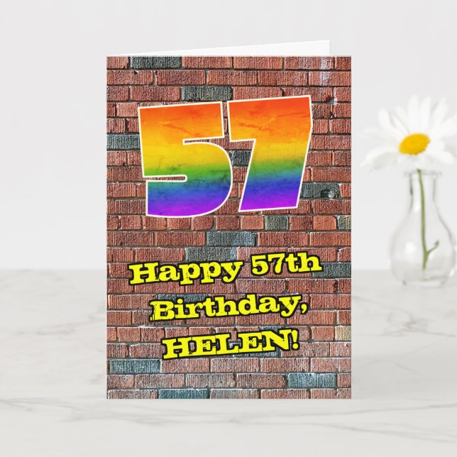 57th Birthday: Fun Graffiti-Inspired Rainbow 57 Card (Small Plant)