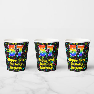 57th Birthday: Fun Music Notes Pattern, Rainbow 57 Paper Cups