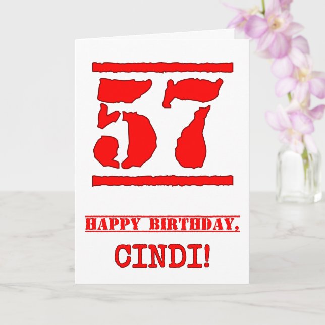 57th Birthday: Fun, Red Rubber Stamp Inspired Look Card (Orchid)