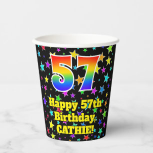 57th Birthday: Fun Stars Pattern and Rainbow 57 Paper Cups