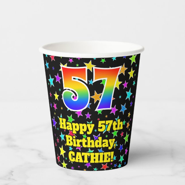 57th Birthday: Fun Stars Pattern and Rainbow 57 Paper Cups (Front)