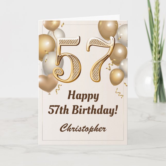 57th Birthday Gold Balloons and Confetti Birthday Card (Front)