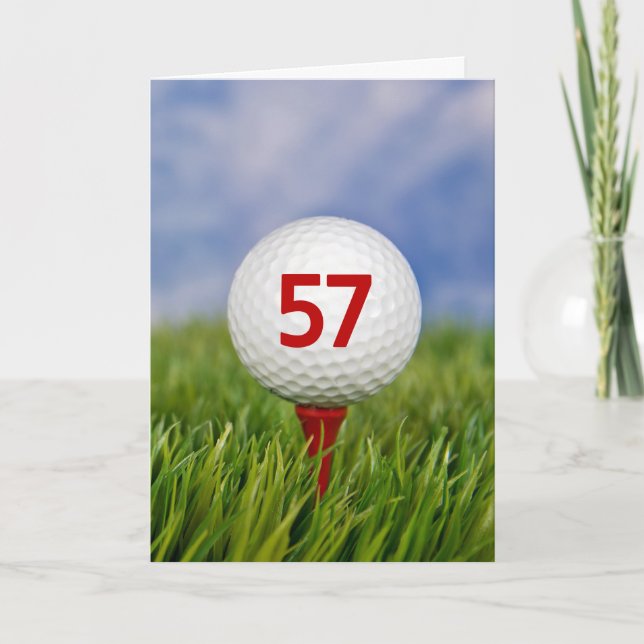 57th Birthday Golf Ball on Red Tee  Card (Front)