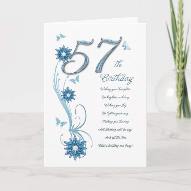 57th birthday in teal with flowers and butterfly card (Front)