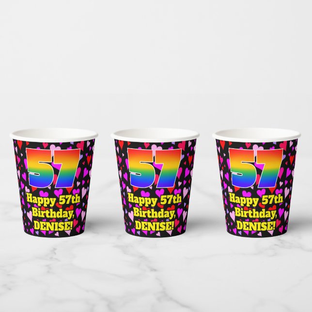 57th Birthday: Loving Hearts Pattern, Rainbow 57 Paper Cups (Multi)