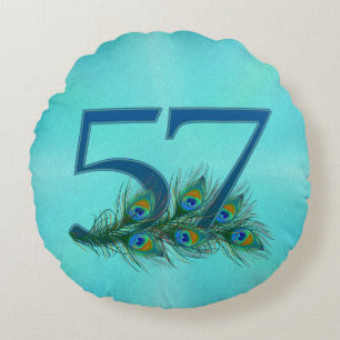57th Birthday Or Anniversary Peacock Feather Round Cushion