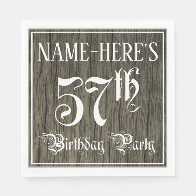 57th Birthday Party — Fancy Script, Faux Wood Look Napkin (Front)
