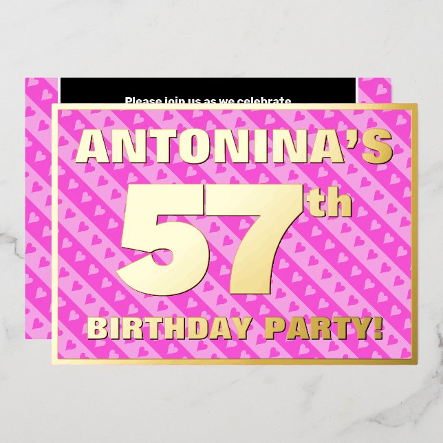 57th Birthday Party — Fun Pink Hearts and Stripes (Front/Back)