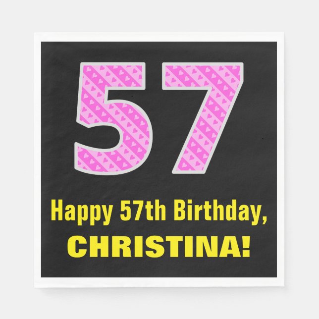 57th Birthday: Pink Stripes and Hearts "57" + Name Napkin (Front)