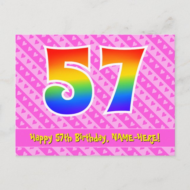 57th Birthday: Pink Stripes & Hearts, Rainbow 57 Postcard (Front)