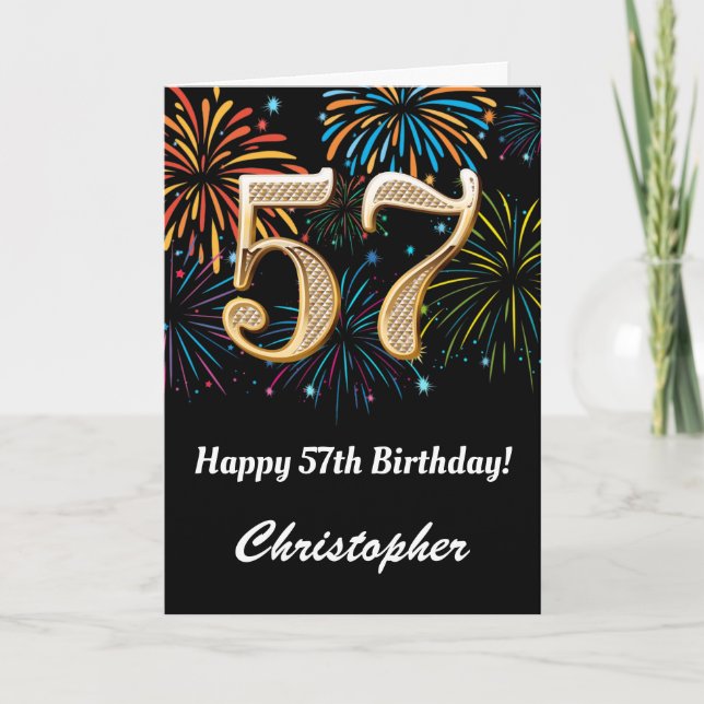 57th Birthday Rainbow Fireworks Black and Gold Card (Front)