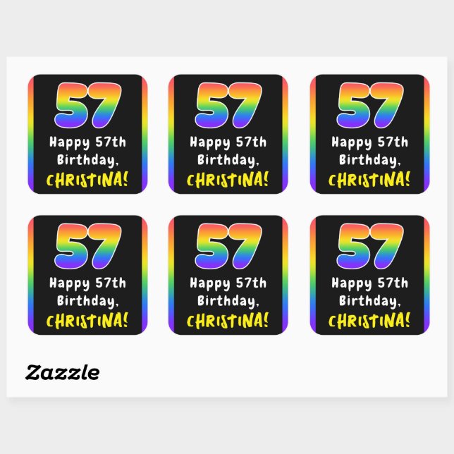 57th Birthday: Rainbow Spectrum # 57, Custom Name Square Sticker (Sheet)