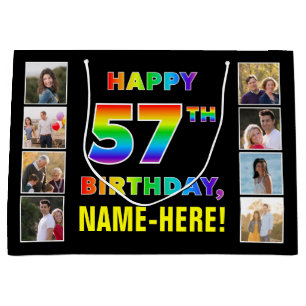 57th Birthday: Rainbow Text, Custom Photos & Name Large Gift Bag