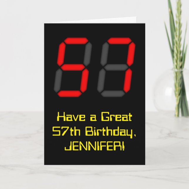 57th Birthday: Red Digital Clock Style "57" + Name Card (Front)