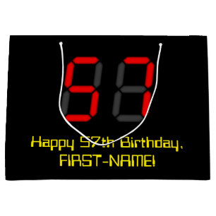 57th Birthday: Red Digital Clock Style "57" + Name Large Gift Bag