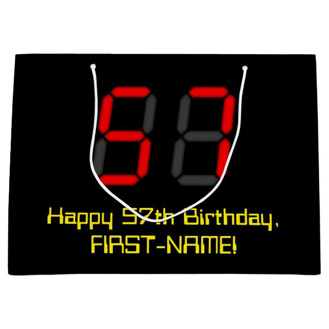 57th Birthday: Red Digital Clock Style "57" + Name Large Gift Bag (Front)