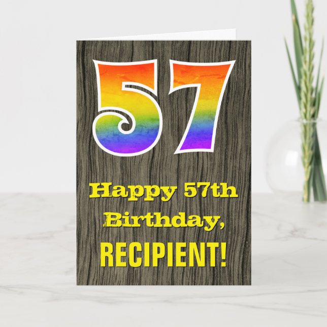 57th Birthday: Rustic Faux Wood Look, Rainbow "57" Card (Front)