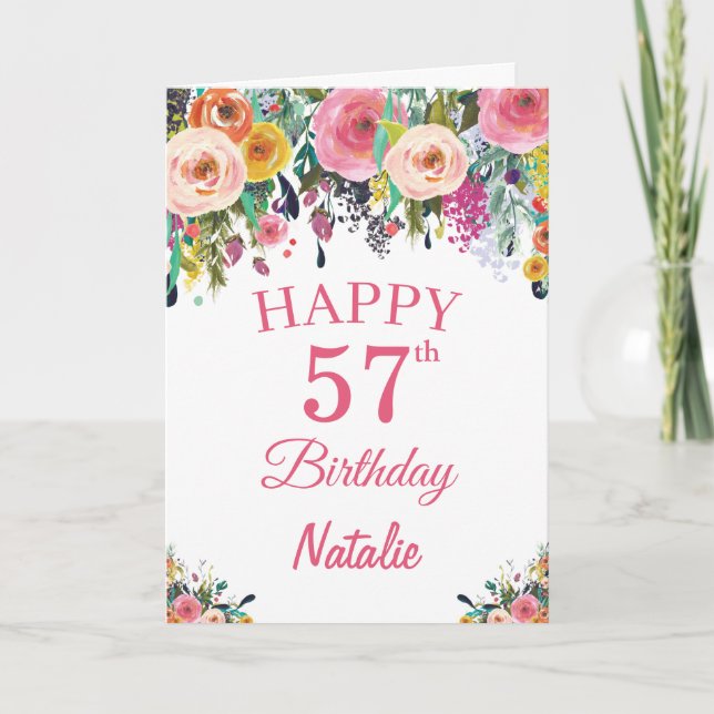 57th Birthday Watercolor Floral Flowers Pink Card (Front)