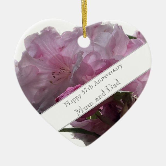 57th Wedding Anniversary Pink Rhododendron Ceramic Tree Decoration (Front)