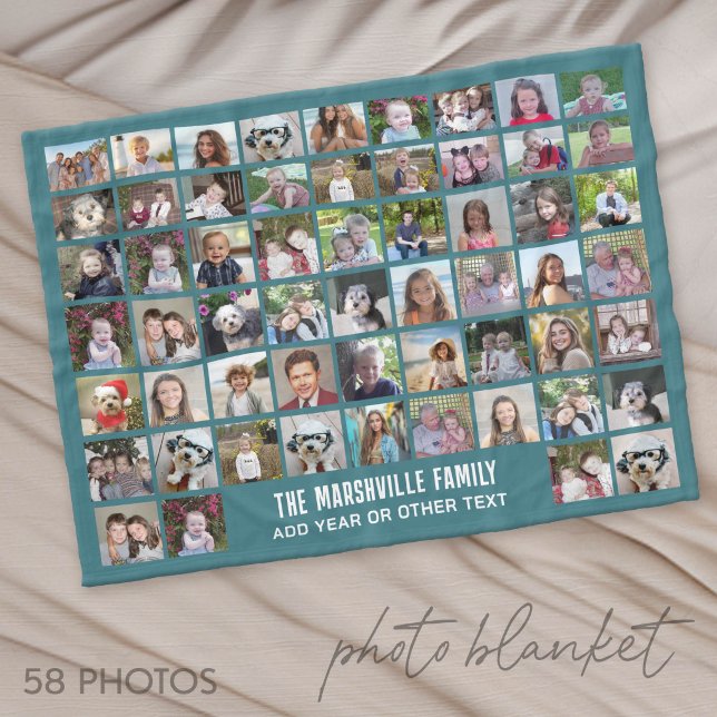 58 Photo Collage Grid with Text - green Fleece Blanket (Photo Blanket - Custom Pictures in a Collage)
