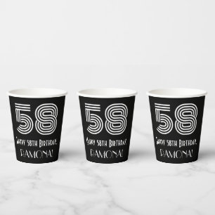 58th Birthday — Art Deco Inspired Look “58” + Name Paper Cups