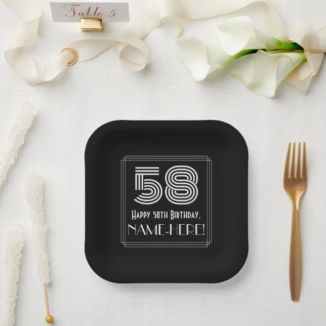 58th Birthday — Art Deco Inspired Look “58” + Name Paper Plate (Wedding)
