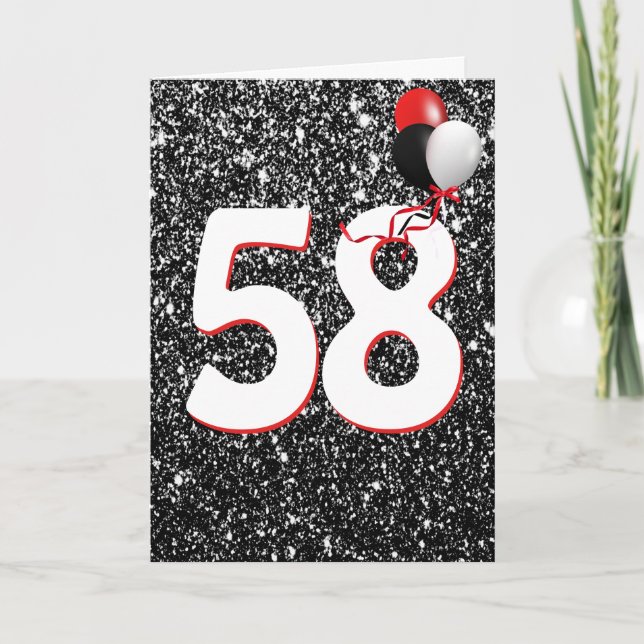58th Birthday Balloons on Black Glitter  Card (Front)