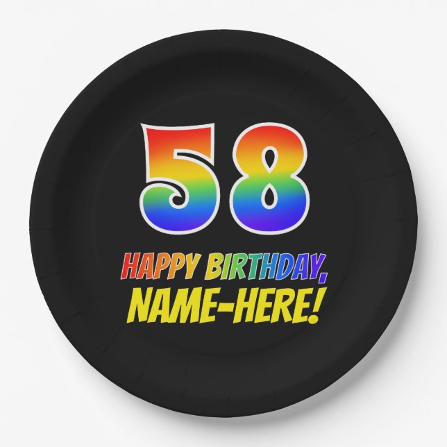 58th Birthday: Bold, Fun, Simple, Rainbow 58 Paper Plate (Front)