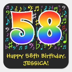 58th Birthday: Colorful Music Symbols, Rainbow 58 Square Sticker