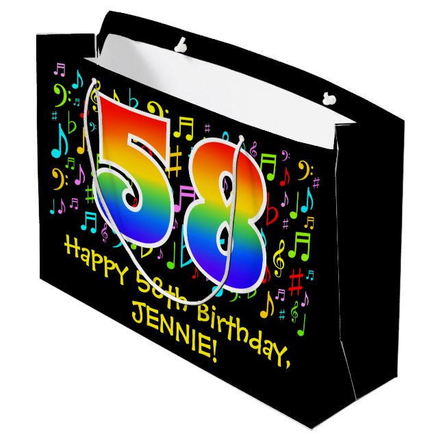 58th Birthday - Colourful Music Symbols, Rainbow 5 Large Gift Bag (Back Angled)