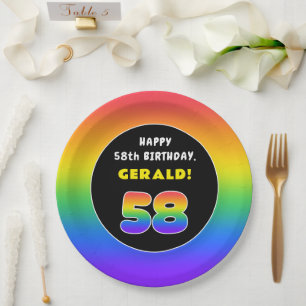 58th Birthday: Colourful Rainbow # 58, Custom Name Paper Plate