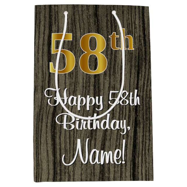 58th Birthday: Elegant Faux Gold Look #, Faux Wood Medium Gift Bag (Front)