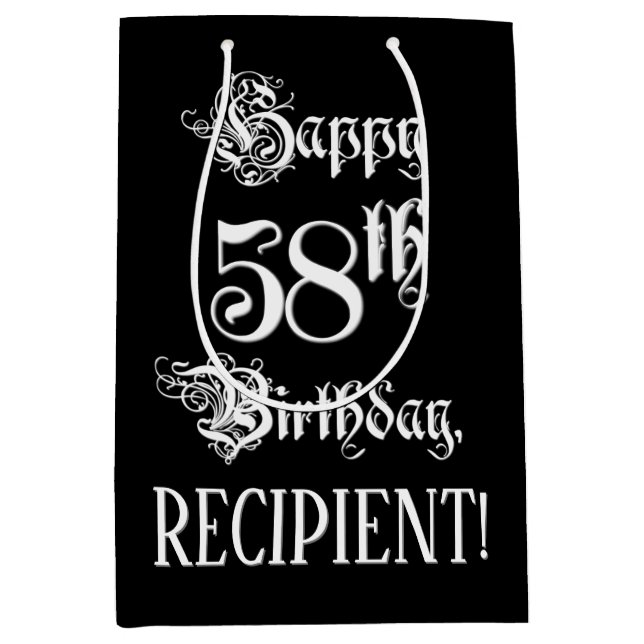 58th Birthday: Fancy, Elegant Script + Custom Name Medium Gift Bag (Front)
